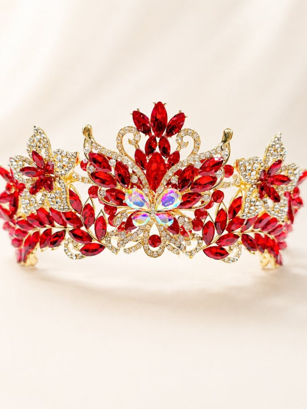 Red Crystal Butterfly Tiara Crown Gold Tone Pageant Prom Wedding Headpiece - Picture 8 of 8